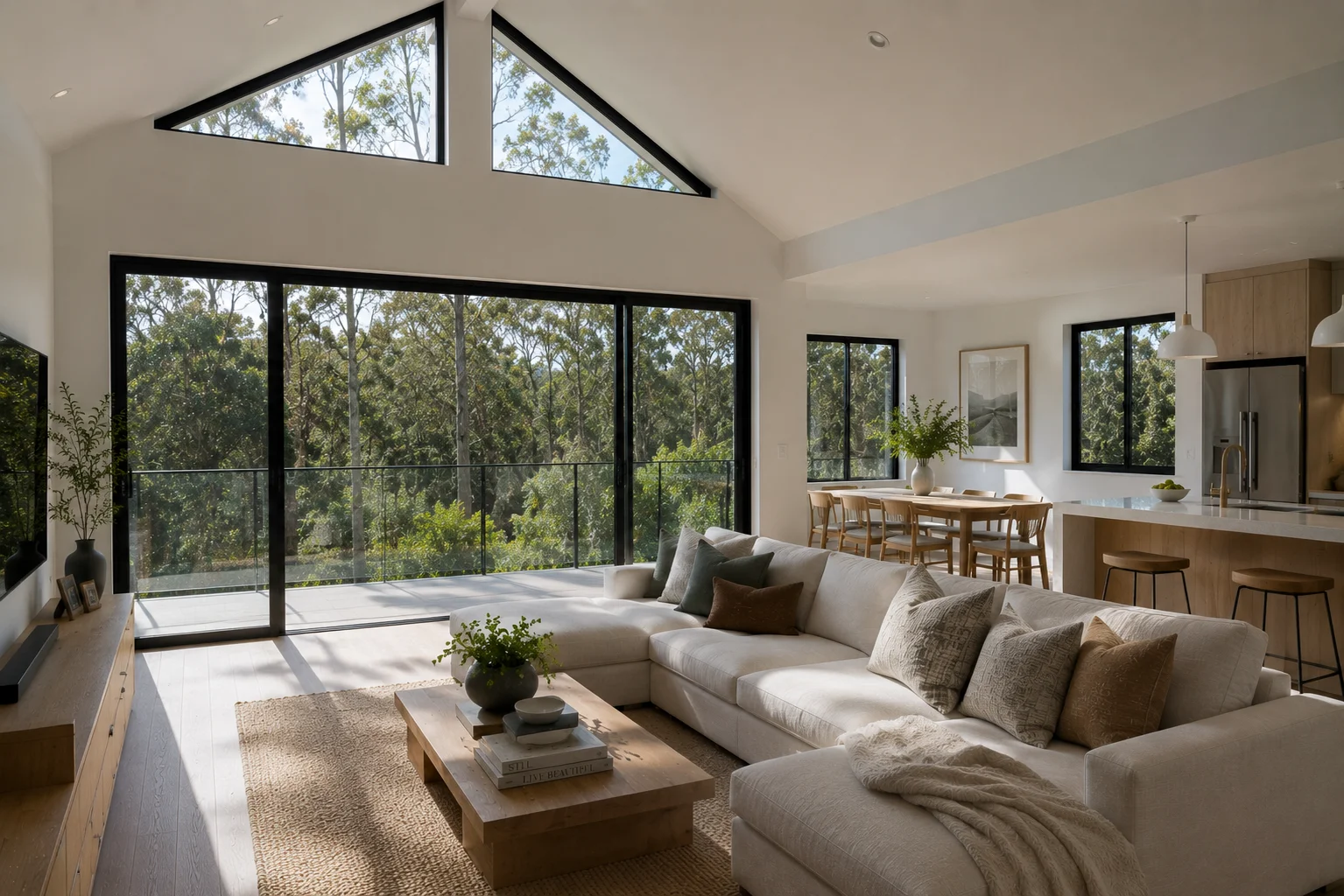 Freshly painted open-plan living room with vaulted ceiling and bushland views, Northern Beaches